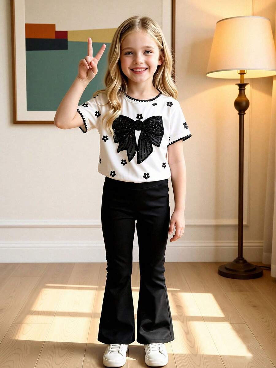 Elladie kids 2pcs/Set Young Girl Casual Butterfly Print Short Sleeve T-Shirt And Flare Pants,Cute Cartoon Graphic Fashionable Summer Clothes For School Outfit