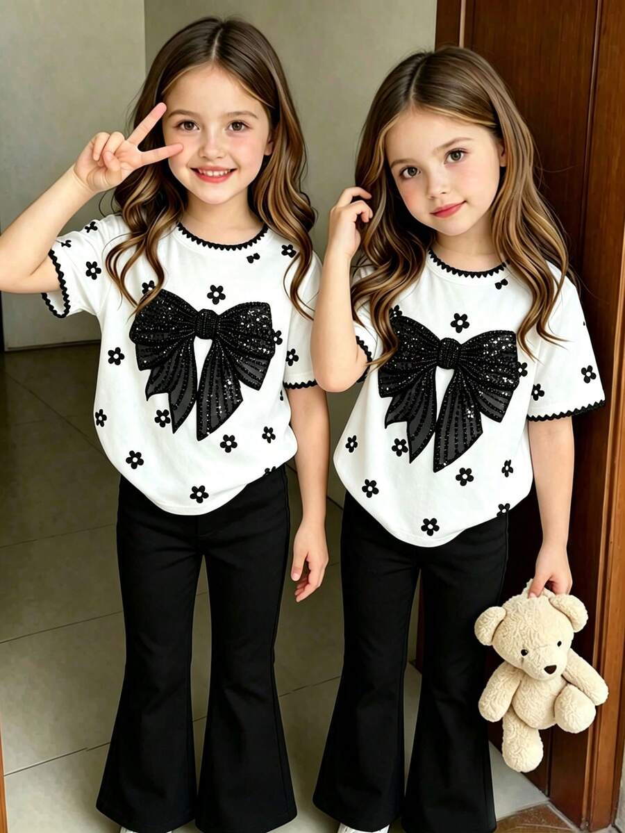 Elladie kids 2pcs/Set Young Girl Casual Butterfly Print Short Sleeve T-Shirt And Flare Pants,Cute Cartoon Graphic Fashionable Summer Clothes For School Outfit