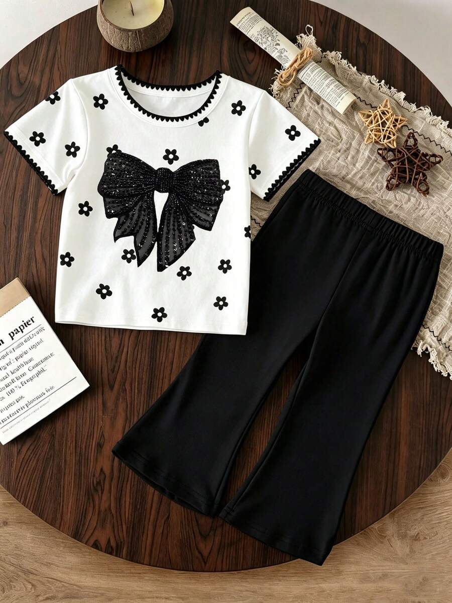 Elladie kids 2pcs/Set Young Girl Casual Butterfly Print Short Sleeve T-Shirt And Flare Pants,Cute Cartoon Graphic Fashionable Summer Clothes For School Outfit