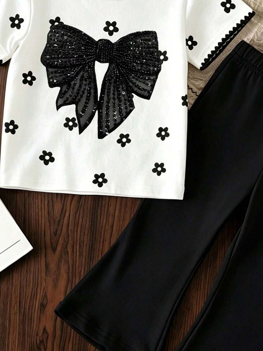 Elladie kids 2pcs/Set Young Girl Casual Butterfly Print Short Sleeve T-Shirt And Flare Pants,Cute Cartoon Graphic Fashionable Summer Clothes For School Outfit