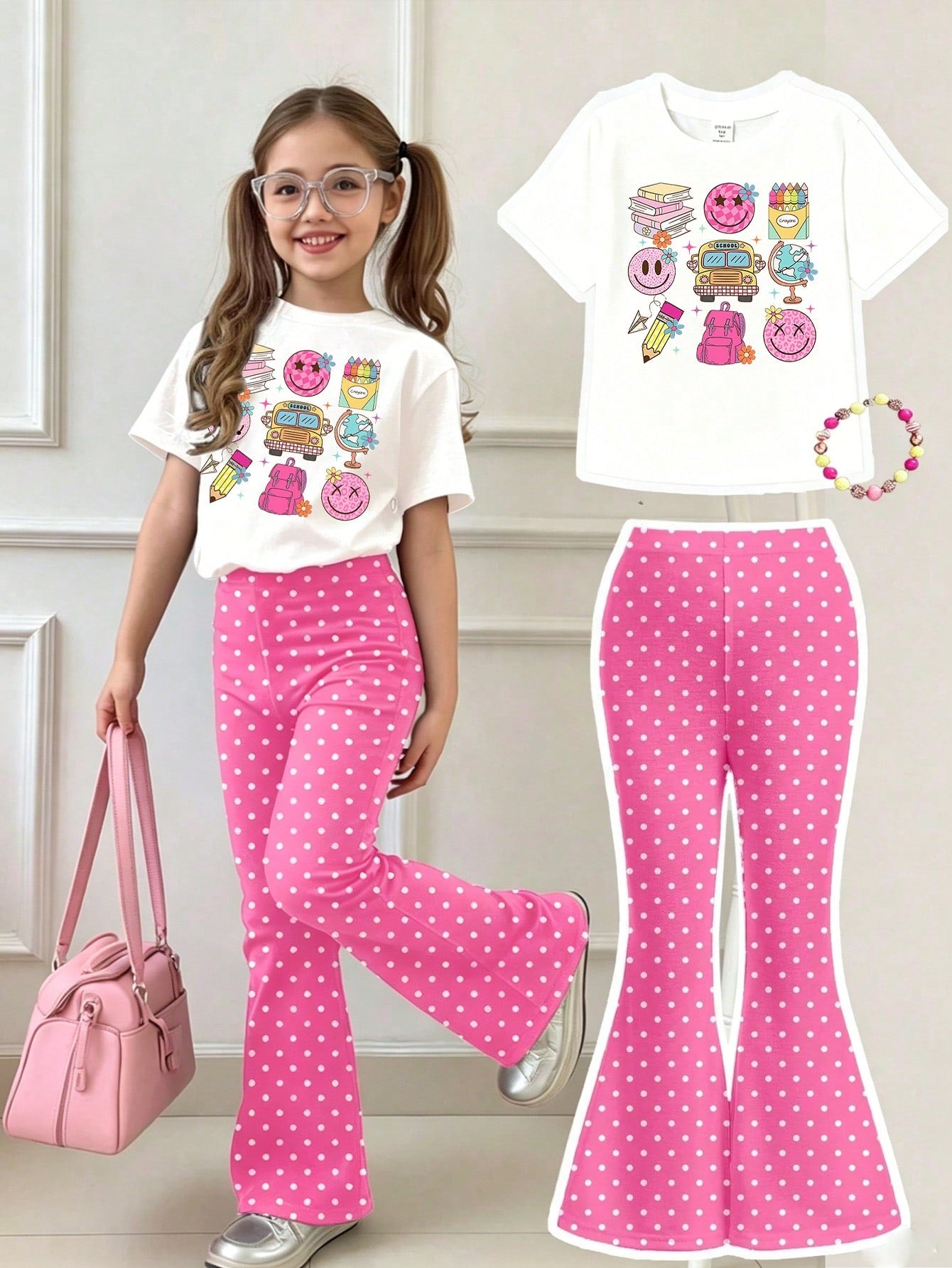 Elladie kids 2pcs/Set Young Girl Casual Butterfly Print Short Sleeve T-Shirt And Flare Pants,Cute Cartoon Graphic Fashionable Summer Clothes For School Outfit