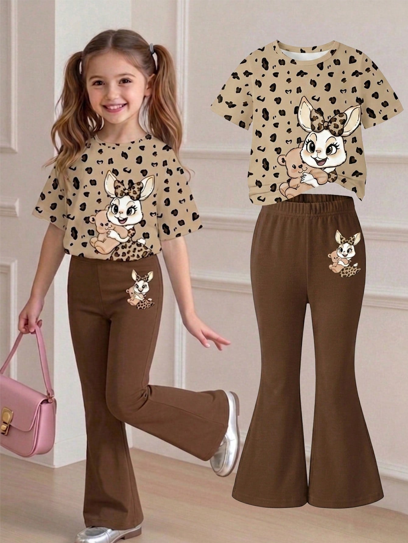 Elladie kids 2pcs/Set Young Girl Casual Butterfly Print Short Sleeve T-Shirt And Flare Pants,Cute Cartoon Graphic Fashionable Summer Clothes For School Outfit