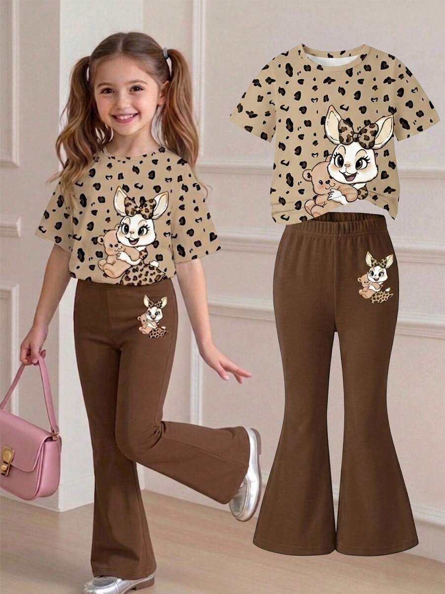 Elladie kids 2pcs/Set Young Girl Casual Butterfly Print Short Sleeve T-Shirt And Flare Pants,Cute Cartoon Graphic Fashionable Summer Clothes For School Outfit