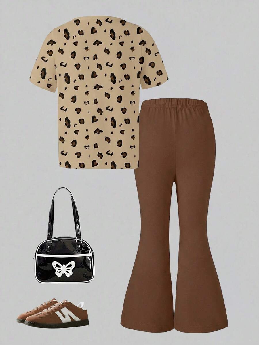 Elladie kids 2pcs/Set Young Girl Casual Butterfly Print Short Sleeve T-Shirt And Flare Pants,Cute Cartoon Graphic Fashionable Summer Clothes For School Outfit