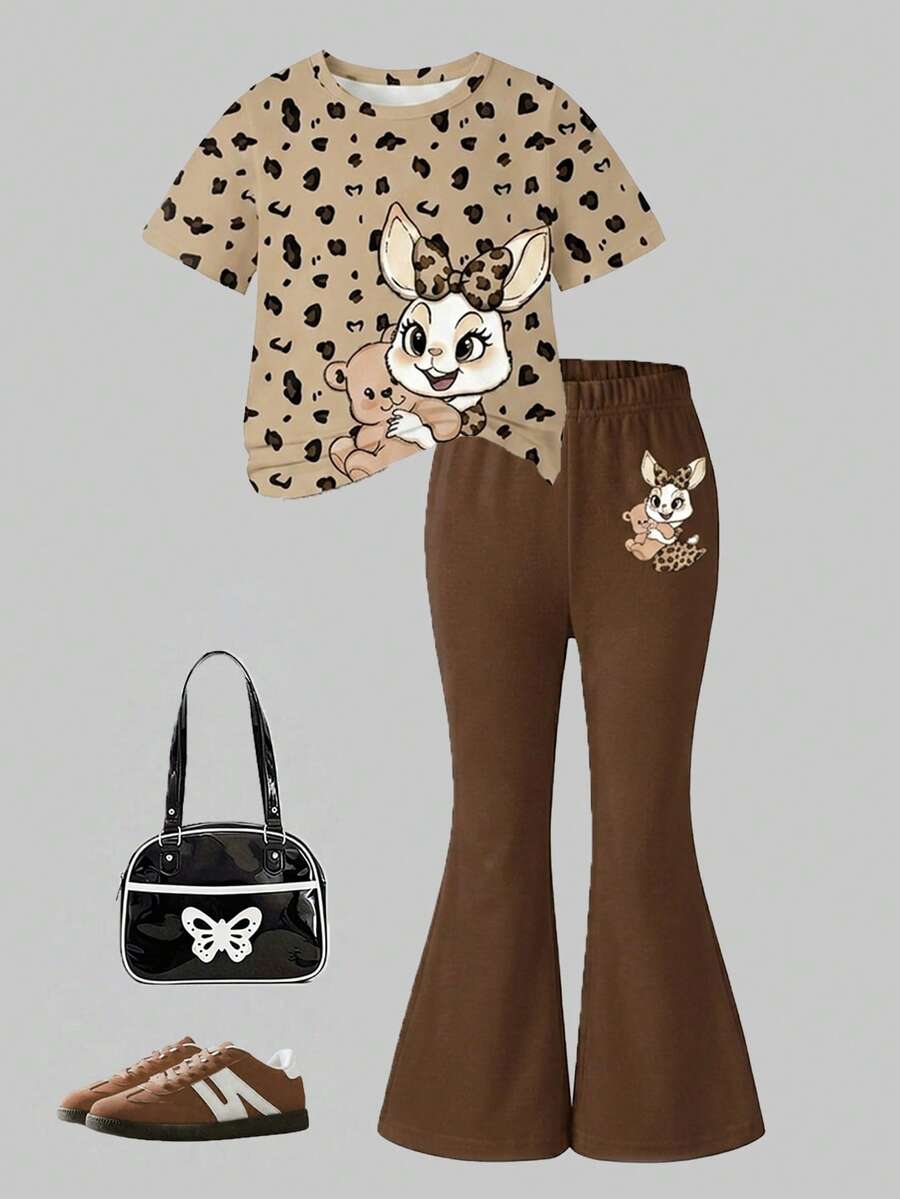Elladie kids 2pcs/Set Young Girl Casual Butterfly Print Short Sleeve T-Shirt And Flare Pants,Cute Cartoon Graphic Fashionable Summer Clothes For School Outfit
