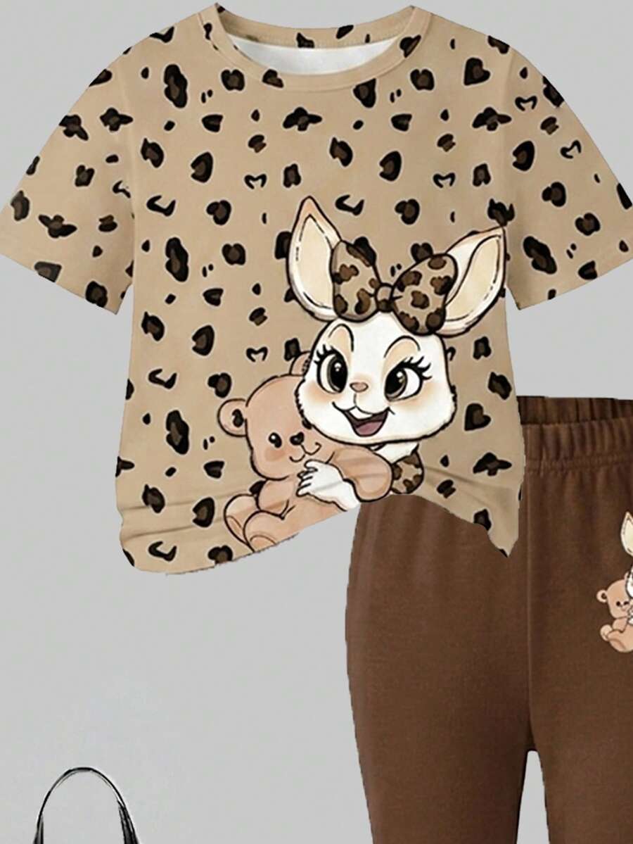 Elladie kids 2pcs/Set Young Girl Casual Butterfly Print Short Sleeve T-Shirt And Flare Pants,Cute Cartoon Graphic Fashionable Summer Clothes For School Outfit