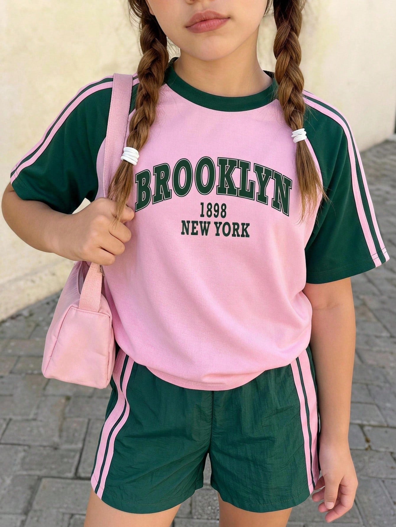 Genkimix Kids Young Girls Casual Light Sports Print Leopard Raglan T-Shirt With Cute Bow Front, Contrast Pink Knit Jersey Fabric, Y2K Retro Double Stripe Leopard Shorts Set, Suitable For Casual Activities, Street Style, Sports