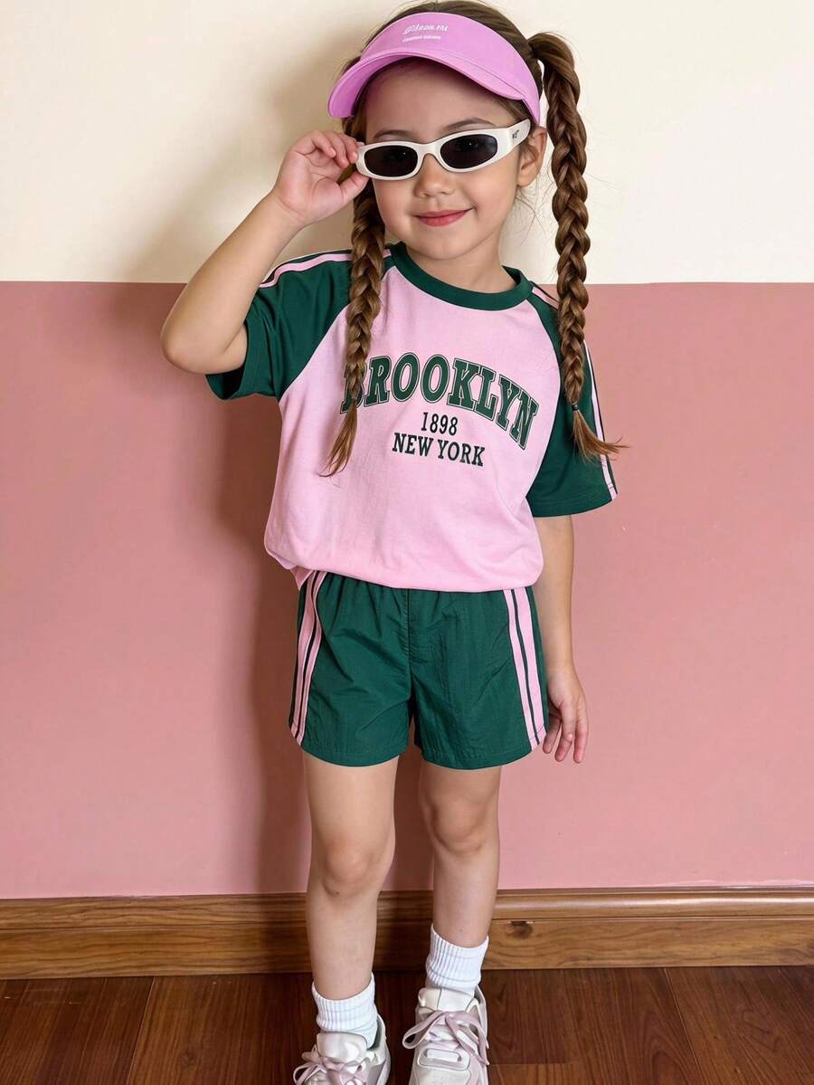 Genkimix Kids Young Girls Casual Light Sports Print Leopard Raglan T-Shirt With Cute Bow Front, Contrast Pink Knit Jersey Fabric, Y2K Retro Double Stripe Leopard Shorts Set, Suitable For Casual Activities, Street Style, Sports