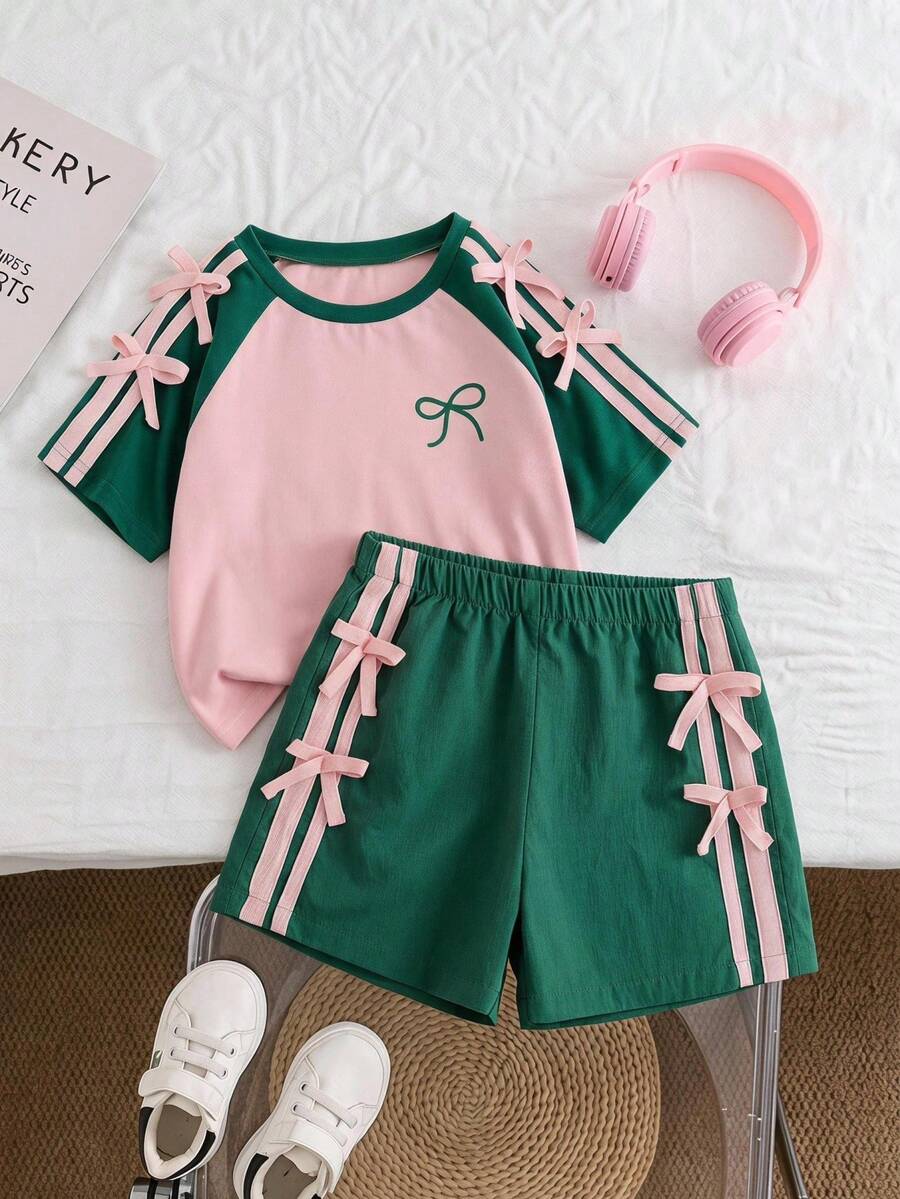 Genkimix Kids Young Girls Casual Light Sports Print Leopard Raglan T-Shirt With Cute Bow Front, Contrast Pink Knit Jersey Fabric, Y2K Retro Double Stripe Leopard Shorts Set, Suitable For Casual Activities, Street Style, Sports