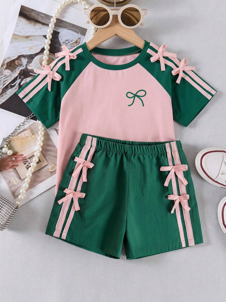 Genkimix Kids Young Girls Casual Light Sports Print Leopard Raglan T-Shirt With Cute Bow Front, Contrast Pink Knit Jersey Fabric, Y2K Retro Double Stripe Leopard Shorts Set, Suitable For Casual Activities, Street Style, Sports