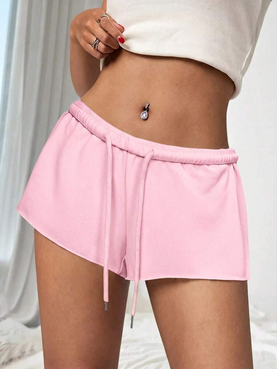 Petite women's burgundy casual track shorts with drawstring waist, raw hem, loose fit, and mini length