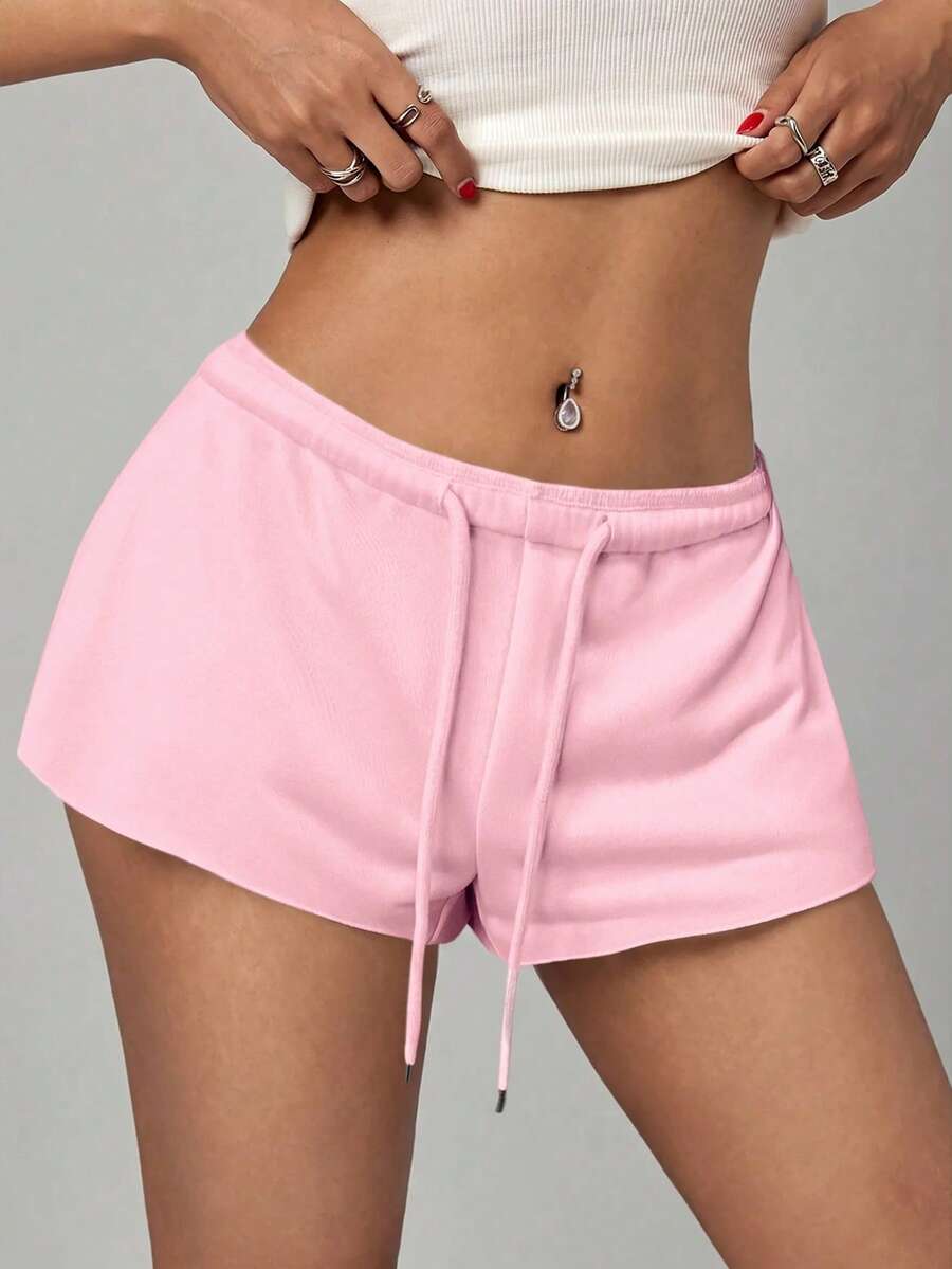 Petite women's burgundy casual track shorts with drawstring waist, raw hem, loose fit, and mini length