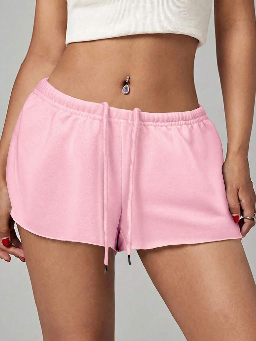 Petite women's burgundy casual track shorts with drawstring waist, raw hem, loose fit, and mini length