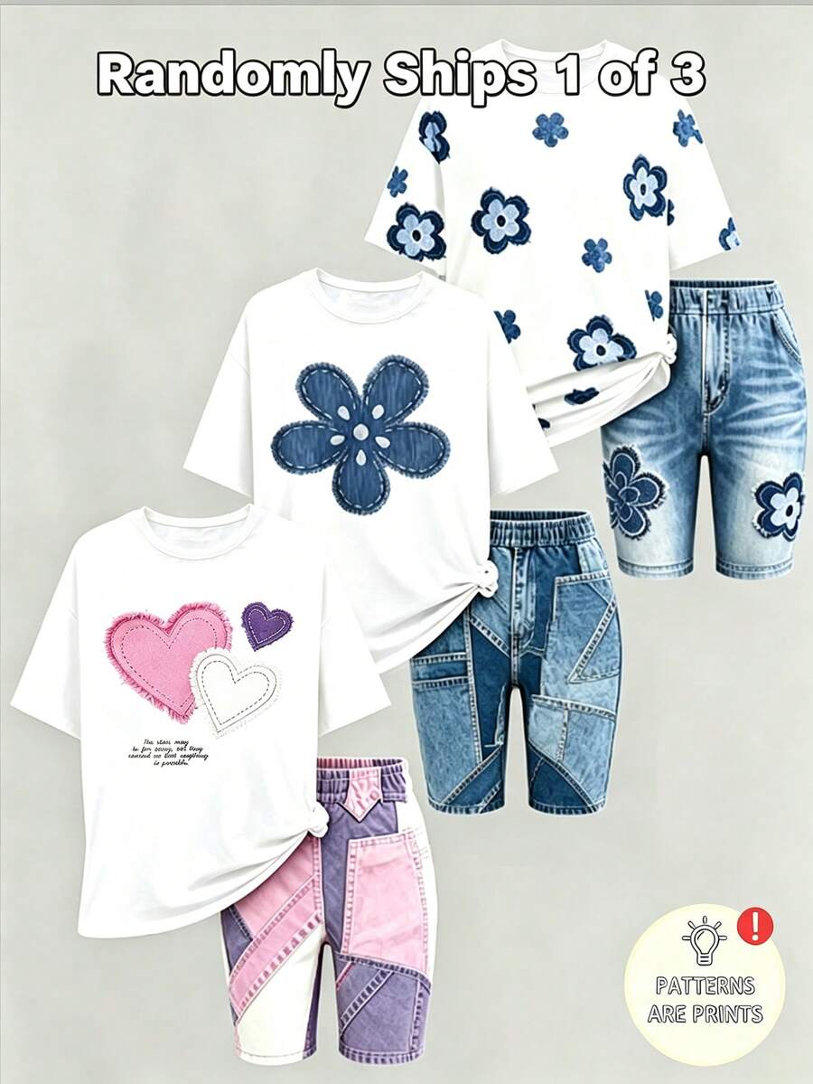 Elladie kids 2pcs/Set 4-7 Years Old Girls Toddler Outfits,Summer Cherry Bow Print Blue & White Striped Round Neck Short Sleeve T-Shirt + Shorts,Fresh Cute Style