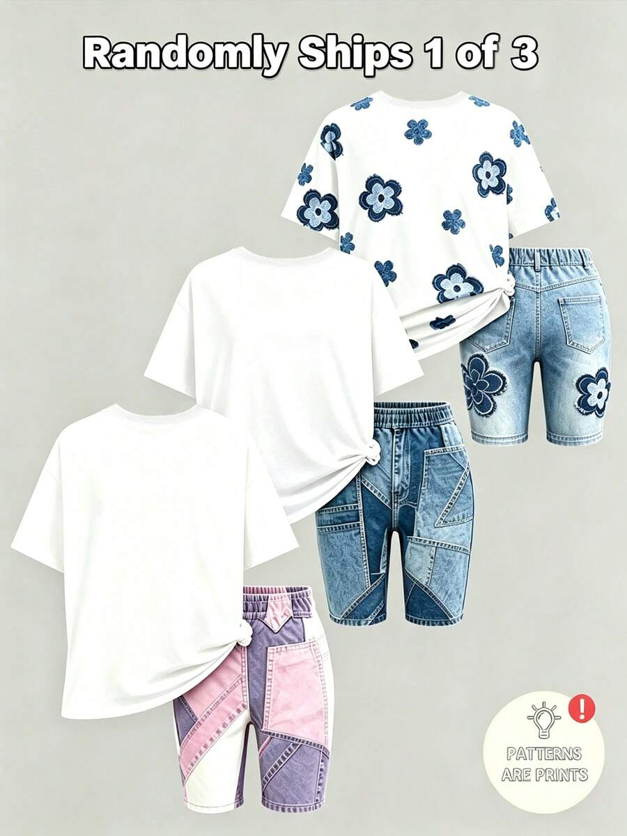 Elladie kids 2pcs/Set 4-7 Years Old Girls Toddler Outfits,Summer Cherry Bow Print Blue & White Striped Round Neck Short Sleeve T-Shirt + Shorts,Fresh Cute Style