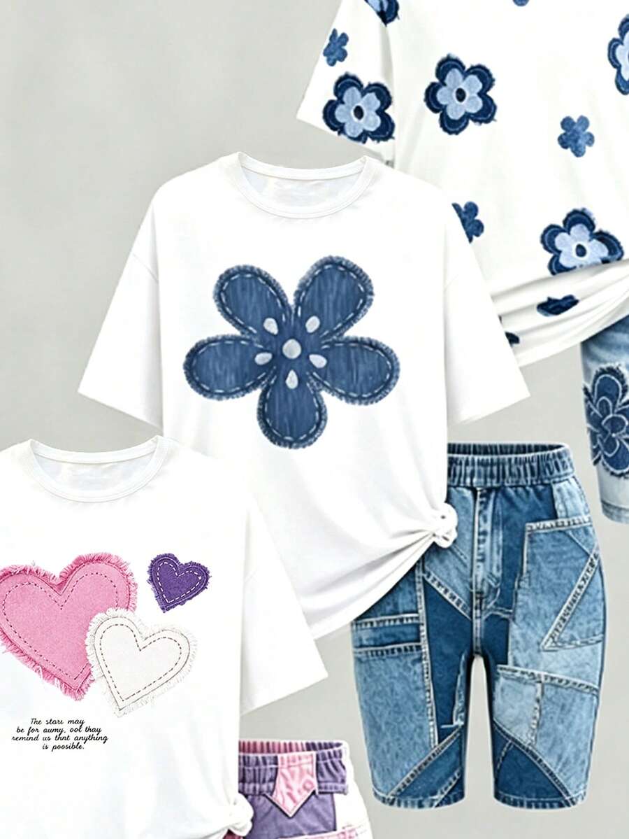 Elladie kids 2pcs/Set 4-7 Years Old Girls Toddler Outfits,Summer Cherry Bow Print Blue & White Striped Round Neck Short Sleeve T-Shirt + Shorts,Fresh Cute Style