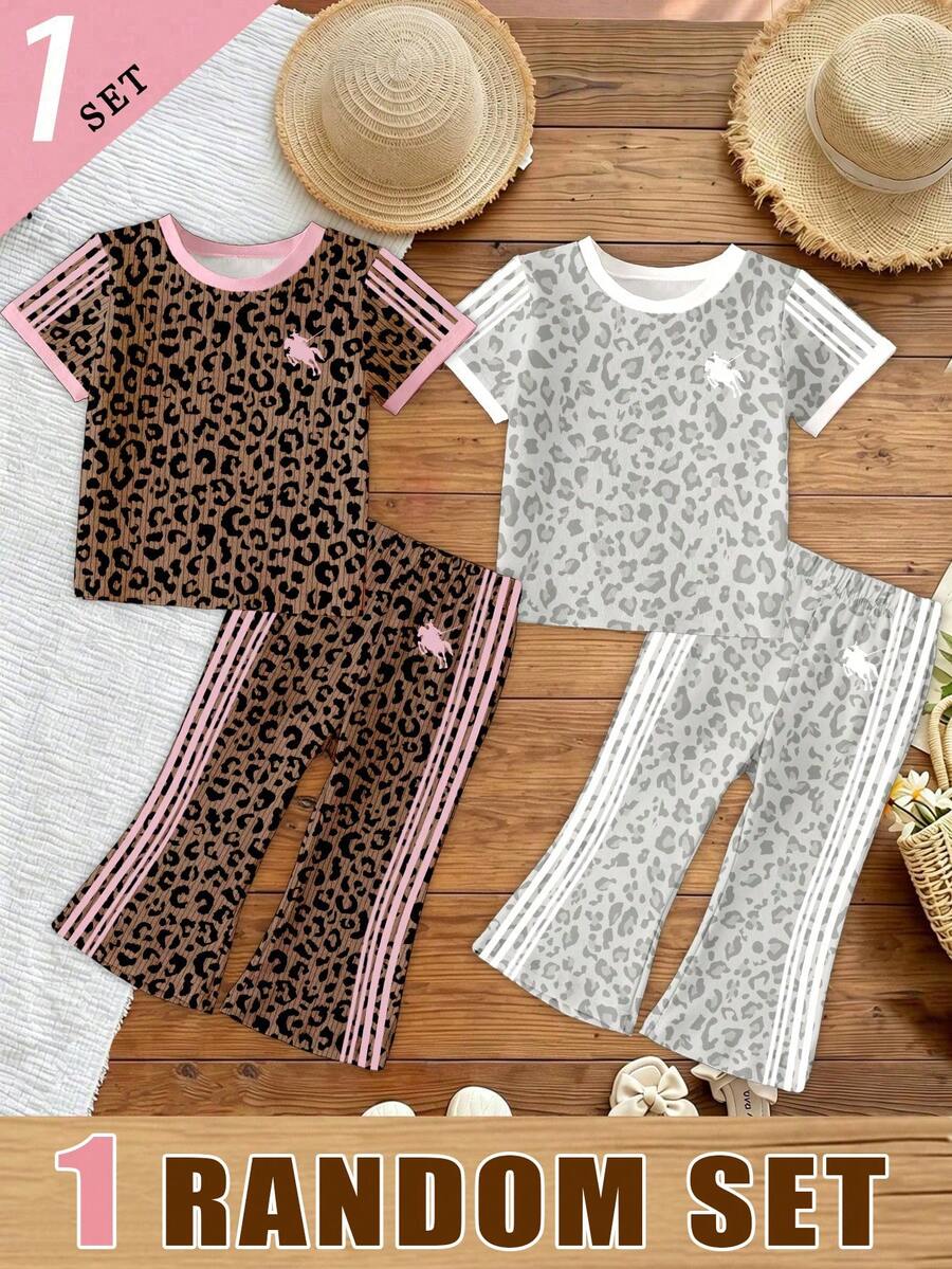 Elladie kids 2pcs/Set Young Girl Casual Butterfly Print Short Sleeve T-Shirt And Flare Pants,Cute Cartoon Graphic Fashionable Summer Clothes For School Outfit