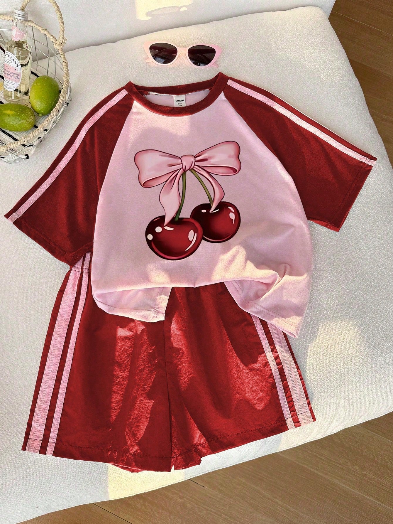 Genkimix Kids Young Girls Casual Light Sports Print Leopard Raglan T-Shirt With Cute Bow Front, Contrast Pink Knit Jersey Fabric, Y2K Retro Double Stripe Leopard Shorts Set, Suitable For Casual Activities, Street Style, Sports