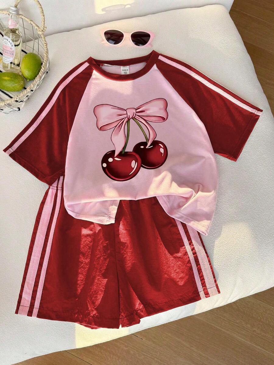 Genkimix Kids Young Girls Casual Light Sports Print Leopard Raglan T-Shirt With Cute Bow Front, Contrast Pink Knit Jersey Fabric, Y2K Retro Double Stripe Leopard Shorts Set, Suitable For Casual Activities, Street Style, Sports