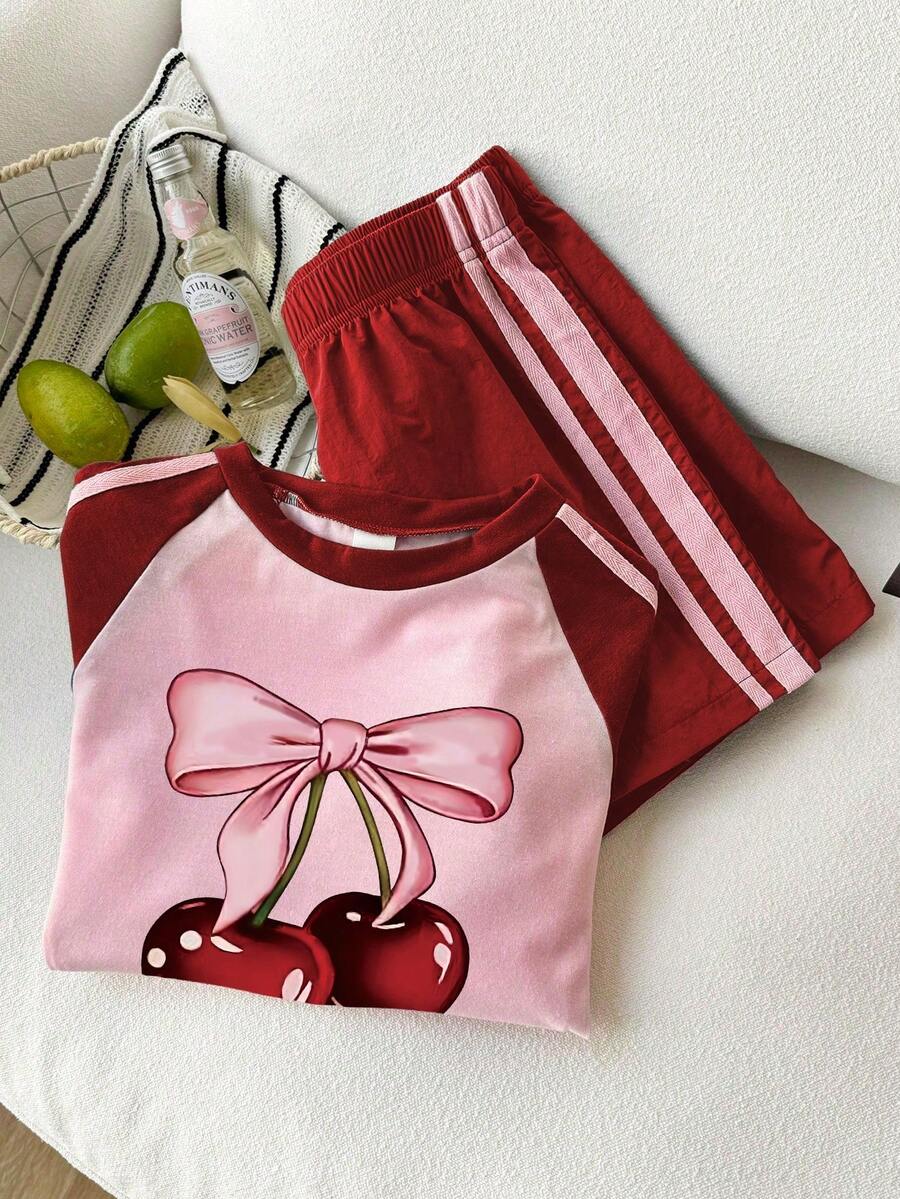 Genkimix Kids Young Girls Casual Light Sports Print Leopard Raglan T-Shirt With Cute Bow Front, Contrast Pink Knit Jersey Fabric, Y2K Retro Double Stripe Leopard Shorts Set, Suitable For Casual Activities, Street Style, Sports