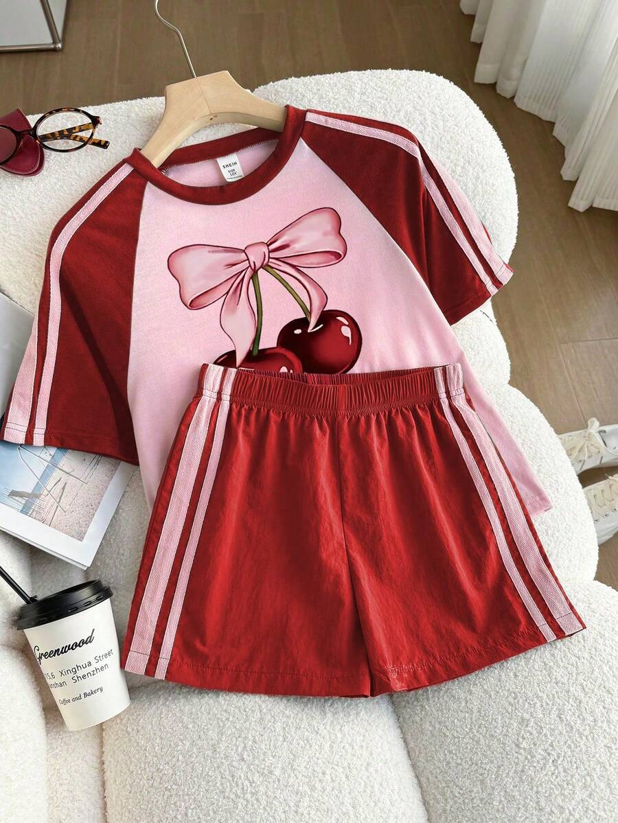 Genkimix Kids Young Girls Casual Light Sports Print Leopard Raglan T-Shirt With Cute Bow Front, Contrast Pink Knit Jersey Fabric, Y2K Retro Double Stripe Leopard Shorts Set, Suitable For Casual Activities, Street Style, Sports