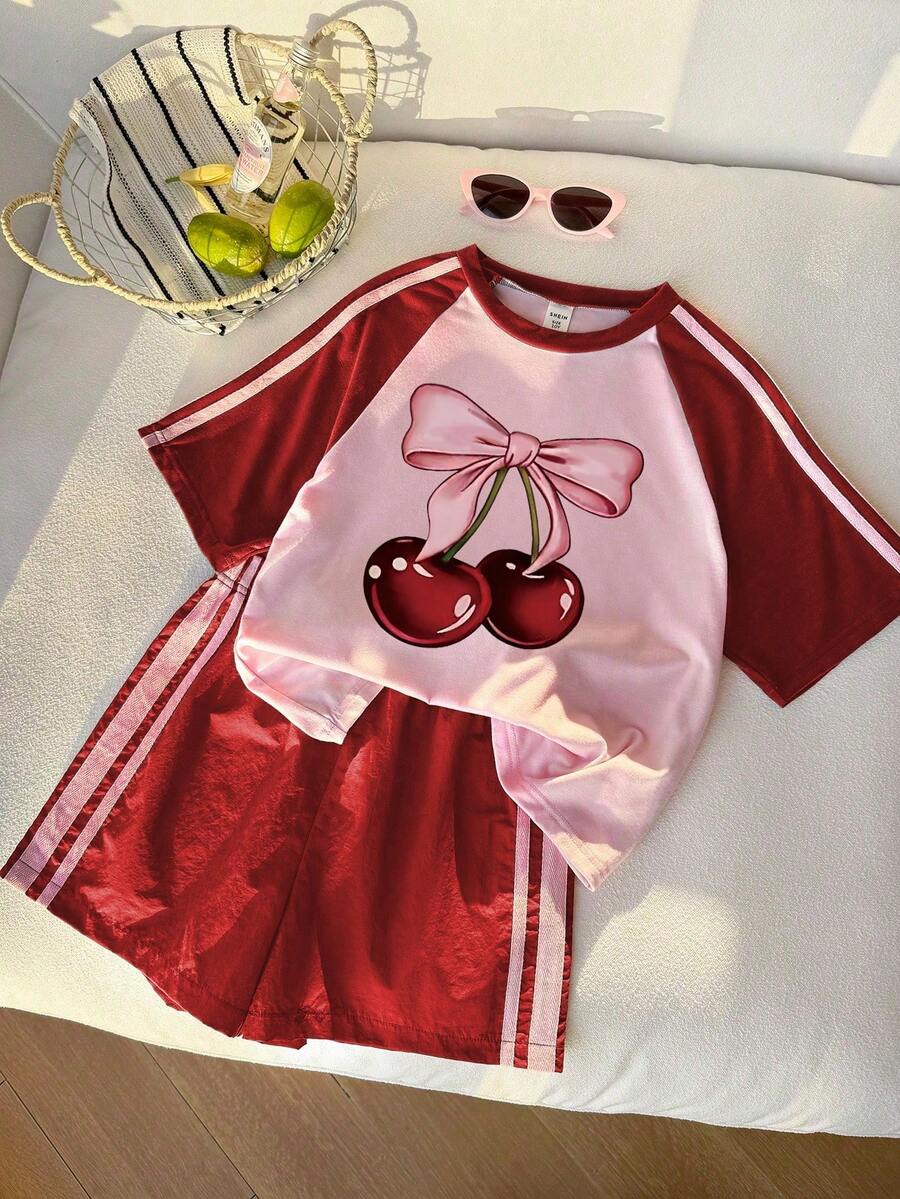 Genkimix Kids Young Girls Casual Light Sports Print Leopard Raglan T-Shirt With Cute Bow Front, Contrast Pink Knit Jersey Fabric, Y2K Retro Double Stripe Leopard Shorts Set, Suitable For Casual Activities, Street Style, Sports
